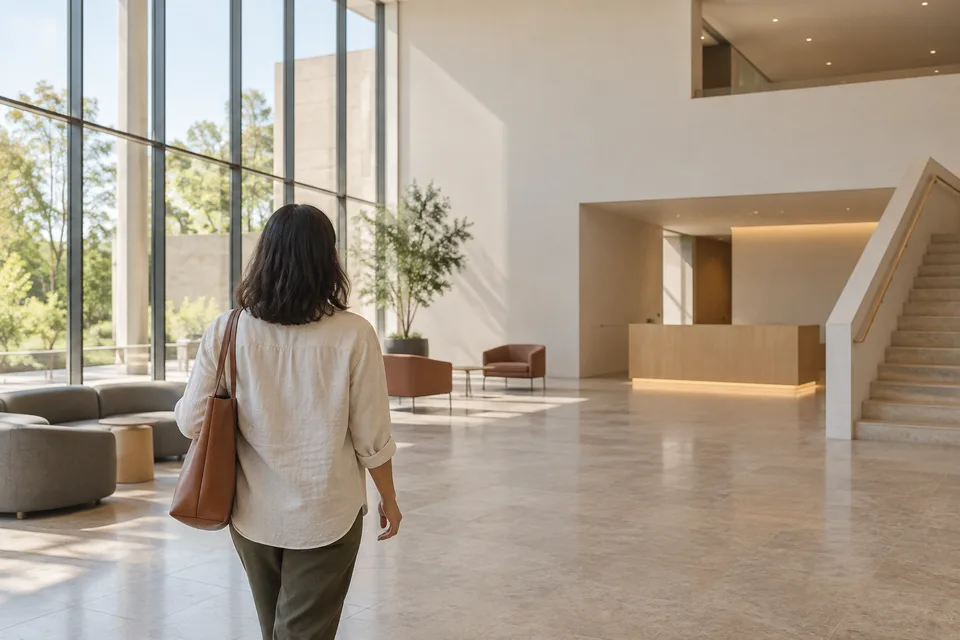 AI-generated editorial illustration of an anonymous visitor entering a calm contemporary civic foyer with seating and daylight.