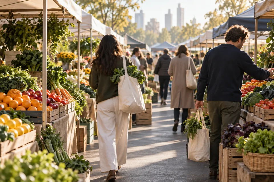 AI-generated editorial illustration of anonymous shoppers in an unbranded open-air produce market; not a documentary photograph.
