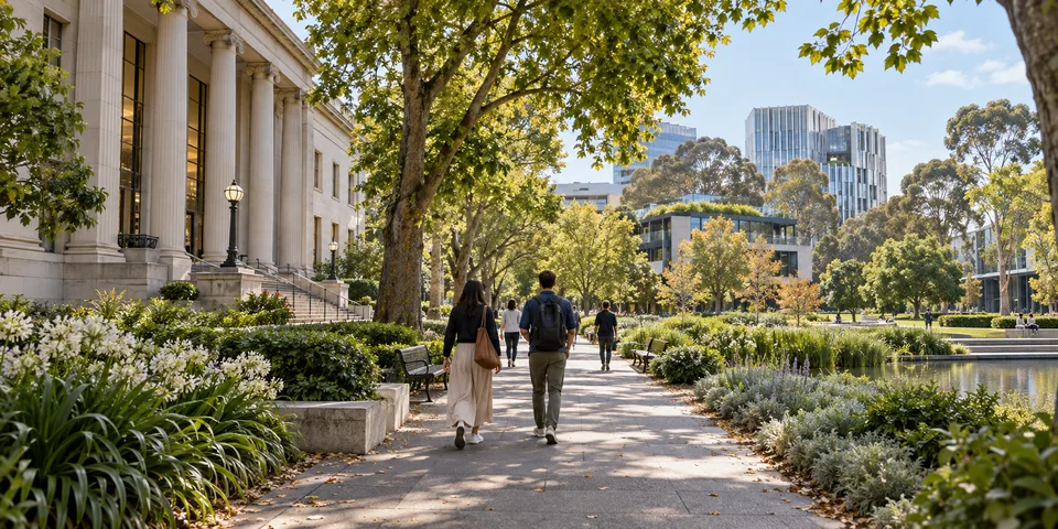 AI-generated editorial illustration of anonymous walkers on a leafy city path between civic architecture, gardens and contemporary buildings.