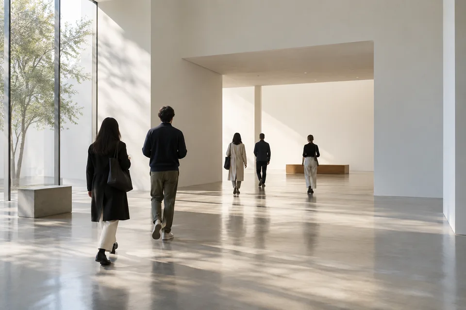 AI-generated editorial illustration of anonymous visitors entering a calm generic contemporary gallery foyer.