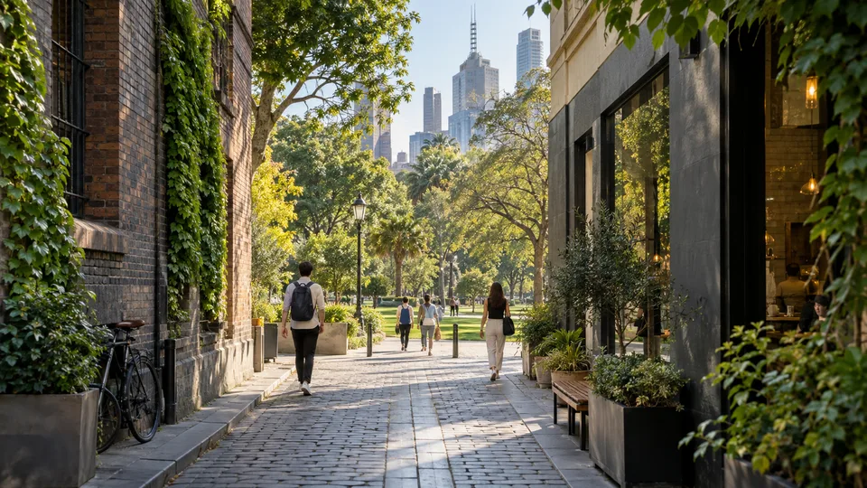 AI-generated editorial illustration of pedestrians walking from a leafy Melbourne laneway towards an urban park and city buildings.
